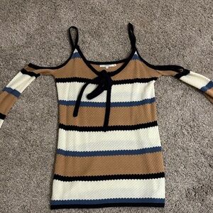 Tularosa Cold-Shoulder Striped Tie-Neck Sweater Dress in Camel, Cream & Blue
